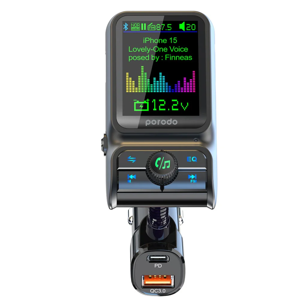 Chargeur de voiture à double port Porodo Transmetteur FM PD 36 W QC 18 W - Noir